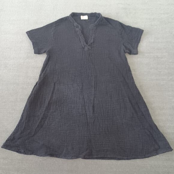 Honest Cotton Dress Women OS Black Mini Slip Coastal Lagenlook Minimalist Pocket - Picture 1 of 10